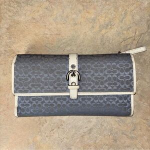 Vintage Coach Y2K Blue Sobo Signature Monogram Trifold Wallet Ivory Leather Trim